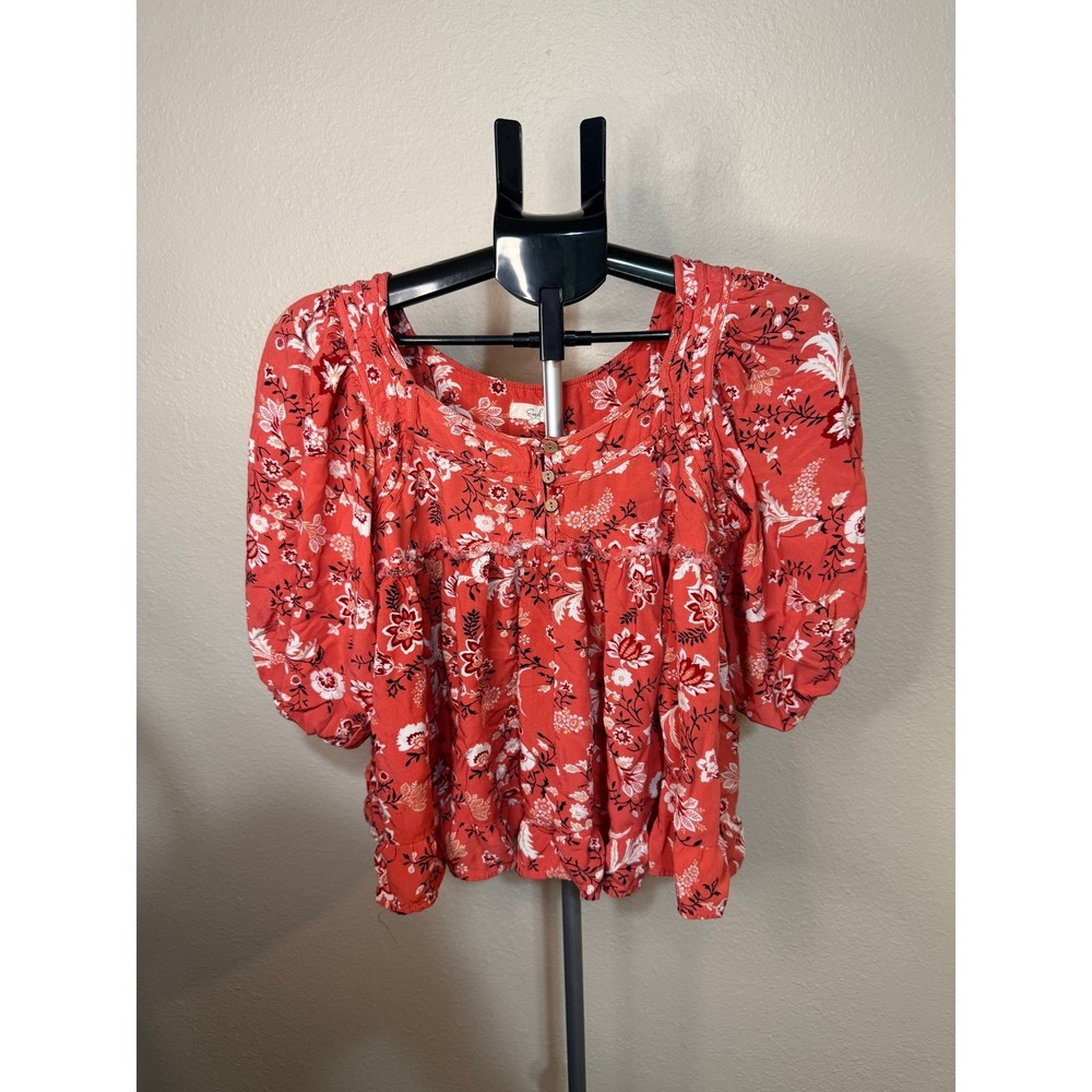 Easel Floral Babydoll Top Coral Orange Puff Sleeve Boho Blouse Rayon Large